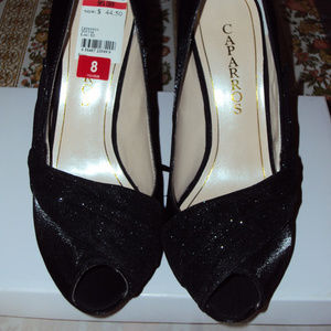 new black glitter peep toe heels